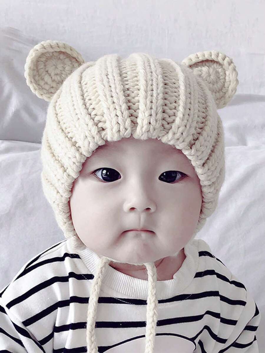 1 Baby Beige Round-eared Cute Knitted Hat With Straps For Warmth And Protection, Suitable For Daily Use In Outdoor Travel - Beige - View 1
