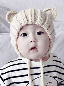 1 Baby Beige Round-eared Cute Knitted Hat With Straps For Warmth And Protection, Suitable For Daily Use In Outdoor Travel - Beige - View 3