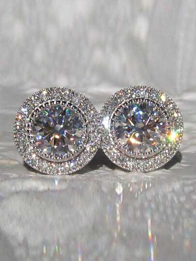 1pair Bridal Korean Style Earrings With Sparkling Round Stone & Full Drill Design, Elegant & Delicate Casual. Valentine's Day Accessories