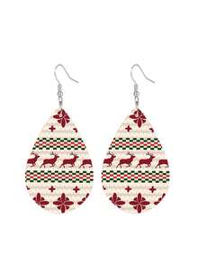 1對女士聖誕裝扮用雙面印花馴鹿和水滴形木質吊墜耳環 - 紅色 - 查看 4