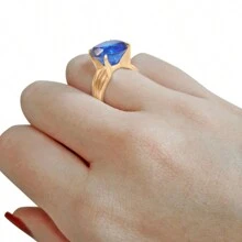 Anel Solitário Prata 925 Dourada 18k - Safira Grande - Azul Royal - Visão 6