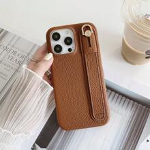 1pc Fashion Solid Color Full Body Shockproof Lychee PU Leather Phone Case With Wrist Strap Stand, Compatible With Apple IPhone 16/15/14/Plus/13/12/11/Pro Max, Galaxy S21 FE/S22/S23/S24/S25 Plus/Note 20 Ultra/A52/A53/A54, Pixel 4 XL, Edge 30, Xperia 10 IV