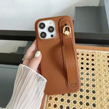 1pc Fashion Solid Color Full Body Shockproof Lychee PU Leather Phone Case With Wrist Strap Stand, Compatible With Apple IPhone 16/15/14/Plus/13/12/11/Pro Max, Galaxy S21 FE/S22/S23/S24/S25 Plus/Note 20 Ultra/A52/A53/A54, Pixel 4 XL, Edge 30, Xperia 10 IV