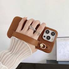 1pc Fashion Solid Color Full Body Shockproof Lychee PU Leather Phone Case With Wrist Strap Stand, Compatible With Apple IPhone 16/15/14/Plus/13/12/11/Pro Max, Galaxy S21 FE/S22/S23/S24/S25 Plus/Note 20 Ultra/A52/A53/A54, Pixel 4 XL, Edge 30, Xperia 10 IV