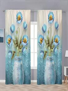 2 件裝美觀藍色花瓶印花窗簾,無孔窗簾,參考臥室辦公室廚房客廳書房家居裝飾