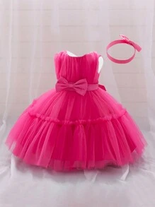 女婴无袖纯色薄纱腰部蝴蝶结蓬松优雅连衣裙，适合生日派对，附赠发带