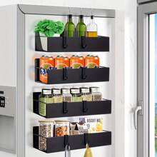 1pc Multipurpose Magnetic Spice Rack, Refrigerator Organizer Shelf With Hooks For Kitchen Tool - With Hook - View 1