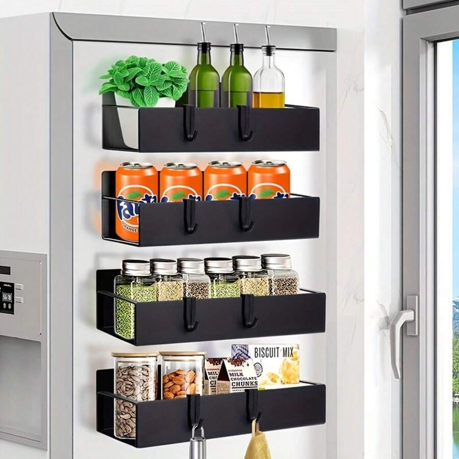 1pc Multipurpose Magnetic Spice Rack, Refrigerator Organizer Shelf With Hooks For Kitchen Tool - With Hook - View 1
