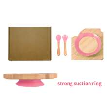 吸盤子,碗和勺子套裝-木頭餵養套裝適用於1-3老-矽膠吸盤式適用於高椅子防滑矽膠湯匙帶木不含雙酚A - 粉色 - 查看 2