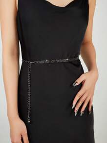 1pc Women's 3 Rows Rhinestone Decorated Luxurious Waist Chain, Party Dress Accessory Casual Halloween Summer, School Fall, Autumn, Halloween - Black - View 1