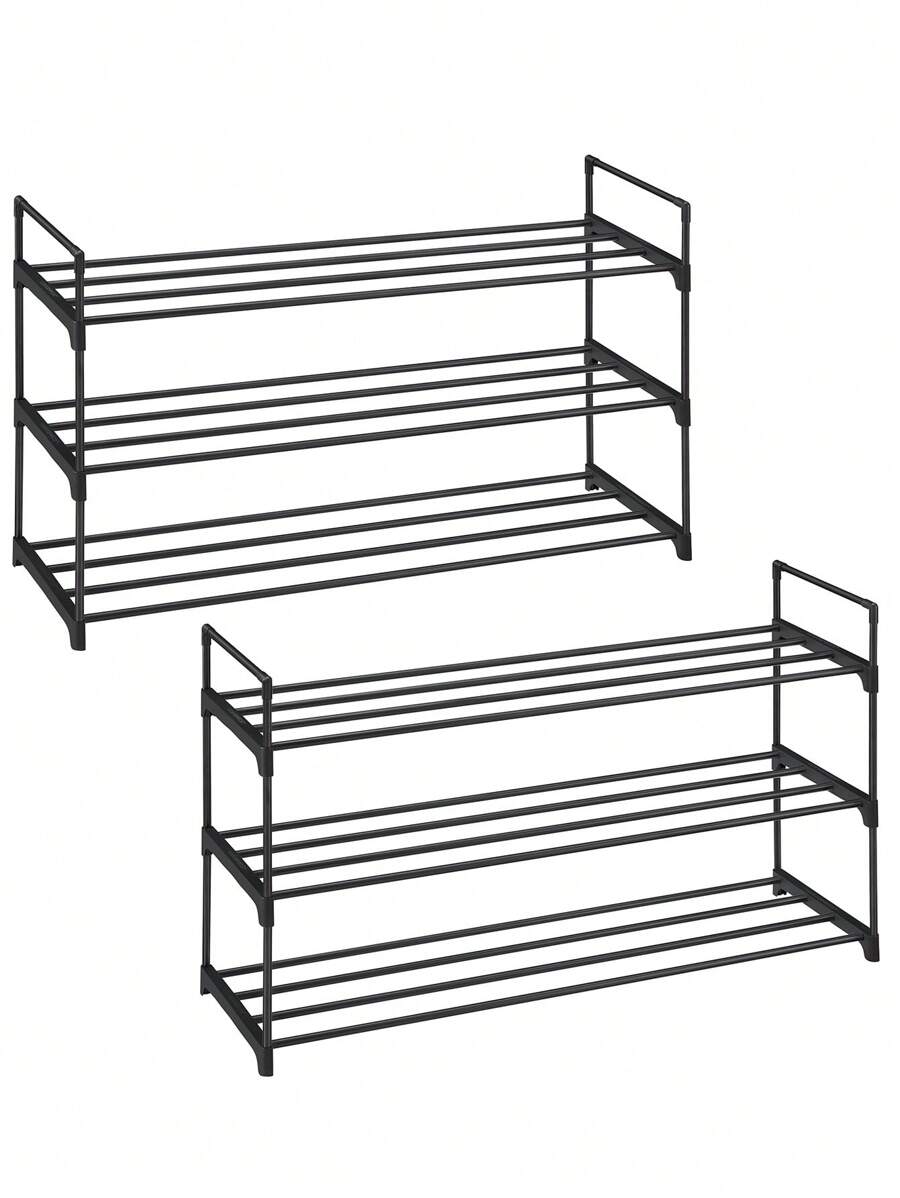 SONGMICS Schuhregal 3 Ebenen, 2er Set, Schuhständer Metall, Schuhaufbewahrung, pro Schuh-Organizer für 12-15 Paar Schuhe, stapelbar, für Flur Wohnzimmer Schlafzimmer, 30 x 92 x 54 cm, schwarz LSADE06BKV1 - Schwarz - Übersicht 1