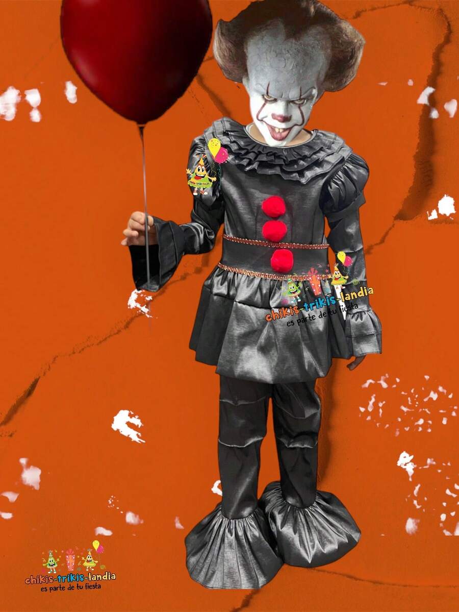 Horror Clown Costume For Child, Party Outfit Set For Halloween, Set For Clown Child - Dark Grey - View 1