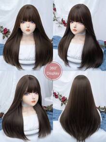 alicegarden 1 piece synthetic heat-resistant ,straight wig in Brown Wigs,with Bangs, 24 inches long, made from fiber, suitable for daily use,natural and realistic false hairpiece christmas winter christmas decor - Brown - View 8