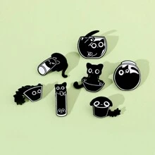 7件套可爱个性化黑猫系列胸针，配有古灵精怪、调皮捣蛋的猫咪饮水杯创意金属徽章 - 黑色 - 查看 10