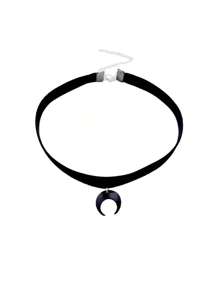 1pc Simple Gothic Style Velvet Ribbon With Acrylic Moon & Horn Pendant Choker For Women