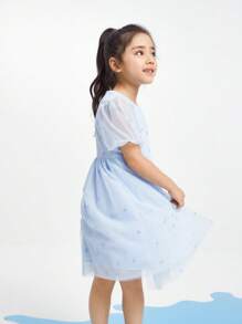 Annil 青少年女孩连衣裙夏季优雅圆领泡泡袖花朵刺绣轻薄网眼连衣裙蓝色 - 藍色 - 查看 3