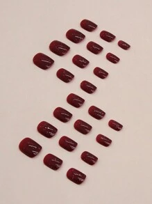 24入組極簡風格短方形酒紅色假指甲,包括1pc指甲文件和1pc果凍膠貼紙 - 彩色 - 查看 3