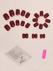 24入組極簡風格短方形酒紅色假指甲,包括1pc指甲文件和1pc果凍膠貼紙 - 彩色 - 查看 2