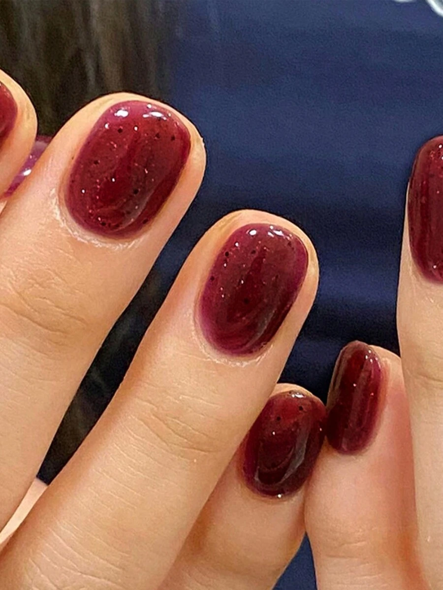 24入組極簡風格短方形酒紅色假指甲,包括1pc指甲文件和1pc果凍膠貼紙 - 彩色 - 查看 1