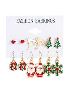 6 Pares Conjunto De Pendientes Estrella Con Renos De Navidad Y Diamantes De Imitación - Dorado - Ver 2