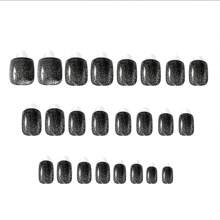 24入組黑貓眼指甲貼短方形人工指甲日常輕奢美甲 - 黑色 - 查看 3