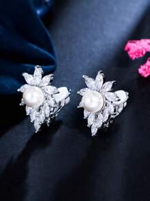 1對非穿孔設計閃亮白色立方氧化鋯新娘婚禮派對夾珍珠耳環,適用於女性 - 白色 - 查看 6