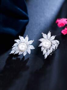 1對非穿孔設計閃亮白色立方氧化鋯新娘婚禮派對夾珍珠耳環,適用於女性 - 白色 - 查看 2