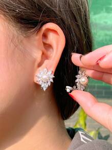 1對非穿孔設計閃亮白色立方氧化鋯新娘婚禮派對夾珍珠耳環,適用於女性 - 白色 - 查看 8