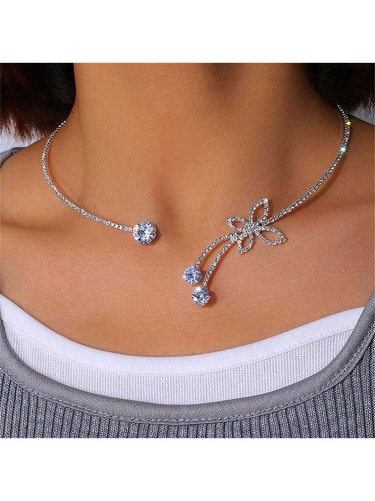 1pc Copper & Rhinestone Butterfly Choker Necklace With Bowknot Design, Elegant Bridal Collarbone Chain For Women