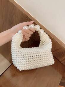 Casafun 鑲珠假珍珠晚宴手提包,小型編織晚宴手提包,優雅手拿包適用於婚禮派對