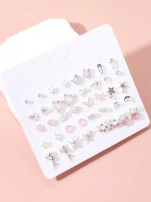 40pcs/Set New Arrival Minimalist Heart, Star, Bowknot And Moon Stud Earrings For Women, Random Shipping As Gifts - Silver - View 1