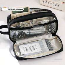 1pc Large Capacity Pencil Case Stationery Storage Pouch - Black - View 1