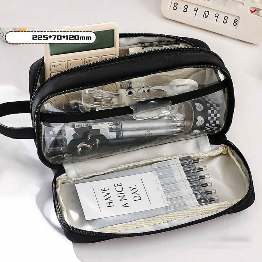 1pc Large Capacity Pencil Case Stationery Storage Pouch - Black - View 1