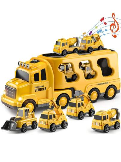 工程幼童卡車玩具4合1摩擦動力車工程汽車玩具,兒童運輸卡車運輸車玩具兒童生日禮物（部分零件可能是隨機的）