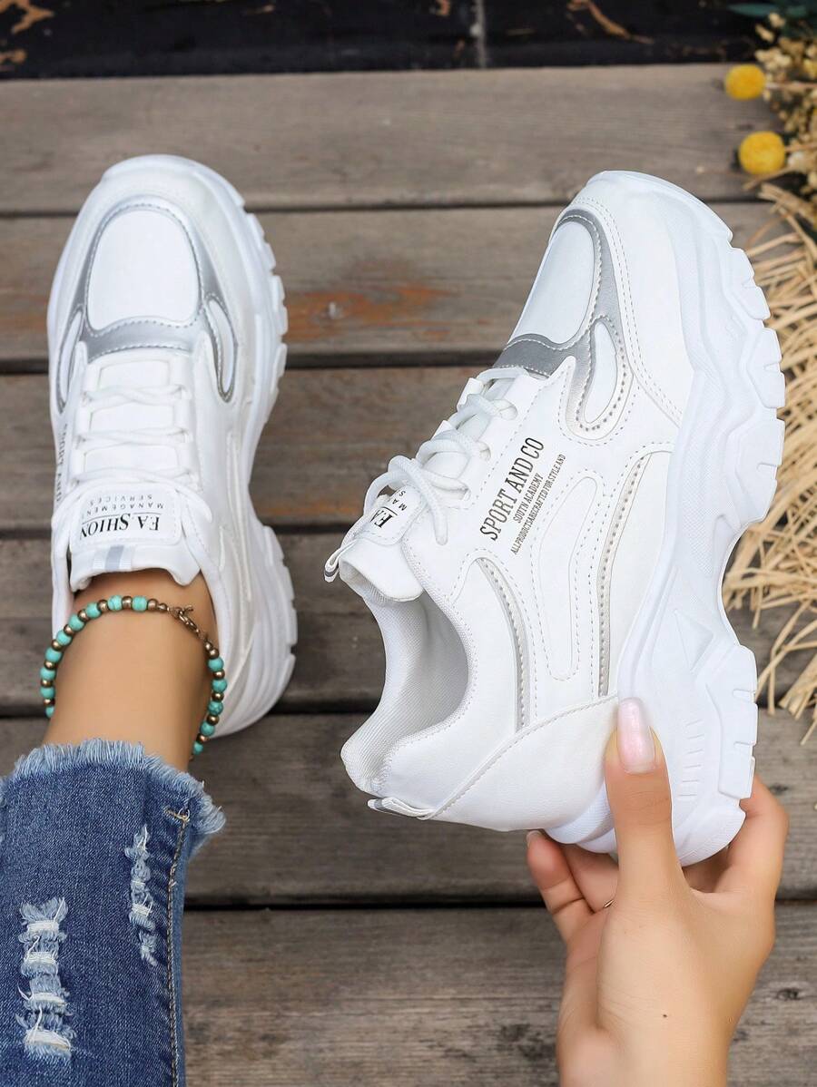 Women's Hidden Wedge Heel Chunky Platform Sneakers,8cm Height Increase, Chunky Shoes Style, White - White - View 1