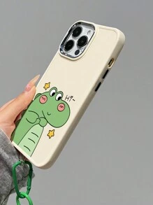 Apple Green 1pc Dinosaur Couple Pattern Metal Camera & Electroplated Buttons Sandblasted Shockproof Phone Case With Soft Touch + 1pc Nylon Lanyard Compatible With Iphone