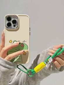 Apple Green 1pc Dinosaur Couple Pattern Metal Camera & Electroplated Buttons Sandblasted Shockproof Phone Case With Soft Touch + 1pc Nylon Lanyard Compatible With Iphone