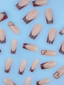 Nâng cấp diện mạo của bạn ngay bây giờ với 24 chiếc móng tay giả dài hình vuông màu cà phê & thiết kế kiểu Pháp, thích hợp cho phụ nữ và trẻ em gái đeo hàng ngày Dụng cụ làm móng tay - Cà phê nâu - Xem 3