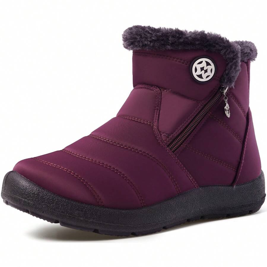 Snow Boots For Womens Winter Ankle Boots Warm Fur Lined Waterproof Outdoor Booties Comfortable Shoes For Women - 酒紅色 - 查看 1