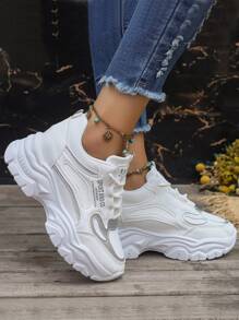 Women's Hidden Wedge Heel Chunky Platform Sneakers,8cm Height Increase, Chunky Shoes Style, White - White - View 4