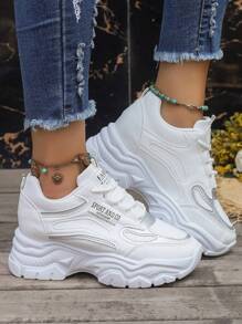 Women's Hidden Wedge Heel Chunky Platform Sneakers,8cm Height Increase, Chunky Shoes Style, White - White - View 5