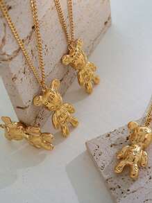 1個時尚熊吊墜不銹鋼項鍊,適合男女日常佩戴 - 金黃色 - 查看 5