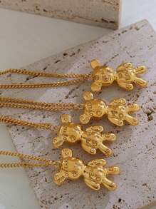 1個時尚熊吊墜不銹鋼項鍊,適合男女日常佩戴 - 金黃色 - 查看 4