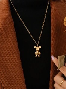 1個時尚熊吊墜不銹鋼項鍊,適合男女日常佩戴 - 金黃色 - 查看 3