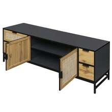 MERAX Elegant Rattan TV Stand For TVs Up To 65", Boho Style Media Console With Adjustable Shelves, Sleek TV Console Table With Wood Grain Surface For Living Room - 鋼灰 - 查看 9
