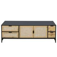 MERAX Elegant Rattan TV Stand For TVs Up To 65", Boho Style Media Console With Adjustable Shelves, Sleek TV Console Table With Wood Grain Surface For Living Room - 鋼灰 - 查看 7
