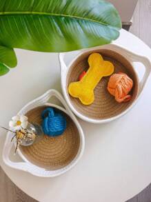 1入組帶貓耳把手的繩編籃子,可用於室內桌面浴室寵物用品收納