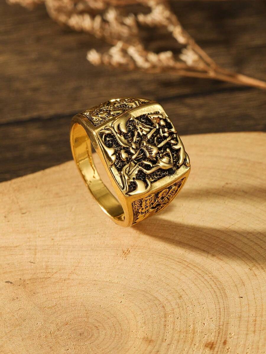 1pc Vintage Carved Square Signet Ring Suitable For Men's Daily Wear - Gold - View 1