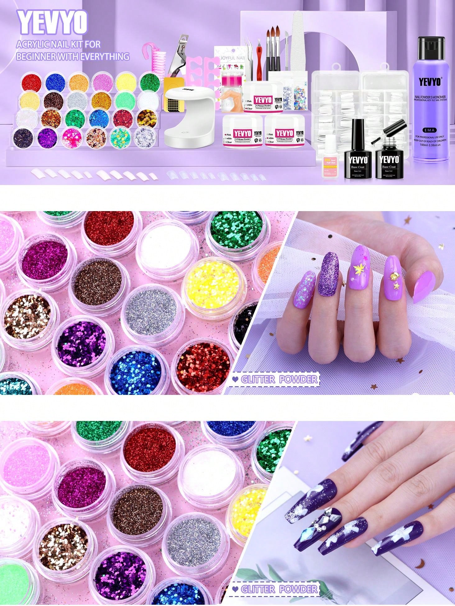 YEVYO Acrylic Nail Kit With Everything with U V Lamp For Beginners