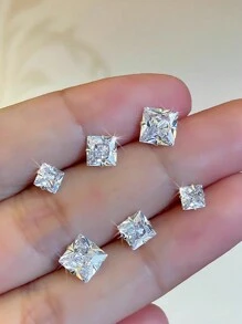 BALMORA 1 对 925 纯银迷你方形 Cz 耳钉，韩式全铺镶水钻装饰 3 毫米 - 8 毫米尺寸适合女性日常佩戴 - 銀色 - 查看 3